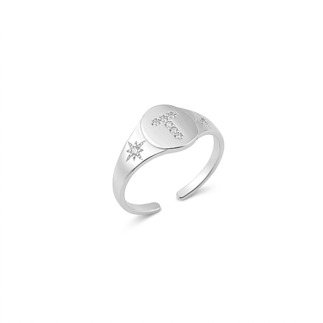 Anel de Topo Oval com Letra T Cravejada e Estrela Ajustável 