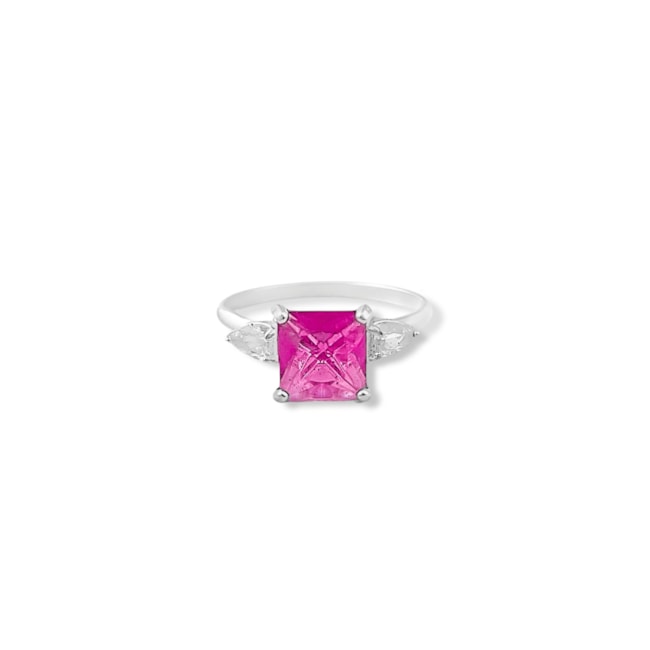 Anel de Zircônias Brancas e Rubi Rose Quadrada