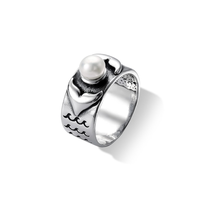 Anel Envelhecido Aro Largo com Caudas de Sereia e Pérola 