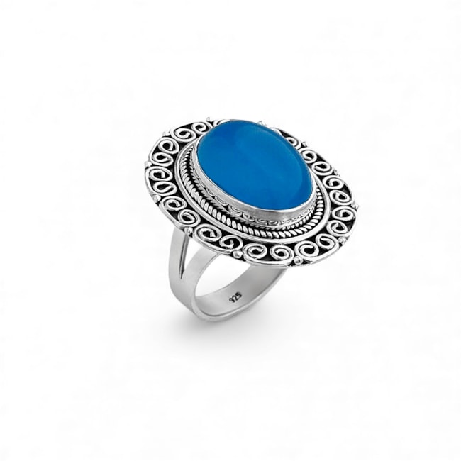 Anel Mandala com Pedra Calcedônia Azul 