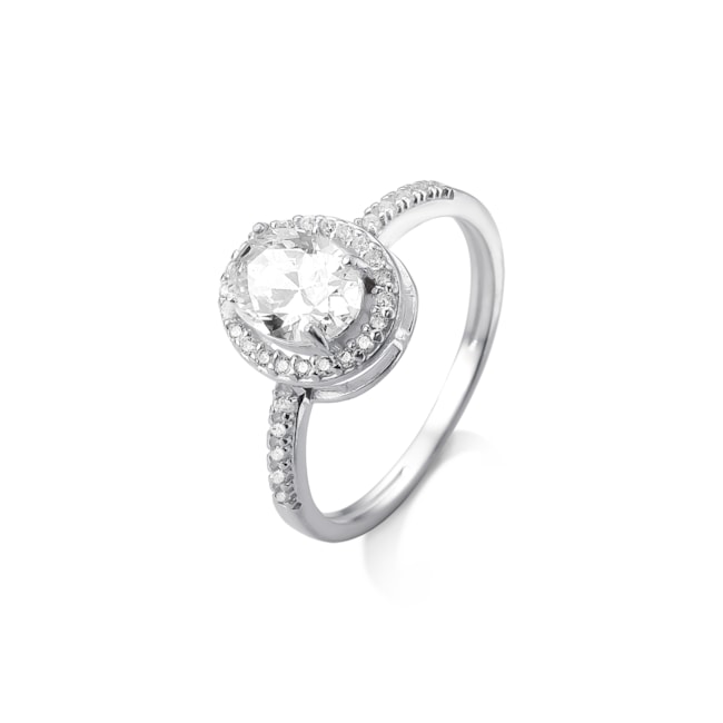 Anel Meio Aro Cravejado e Zircônia Cristal Oval no Centro