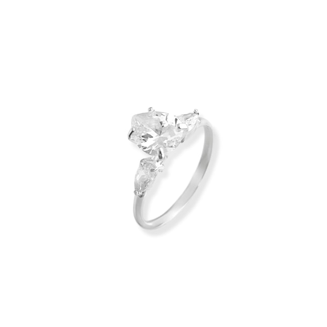 Anel Solitário com Zircônia Cristal em Gota no Meio e Duas nas Laterais 