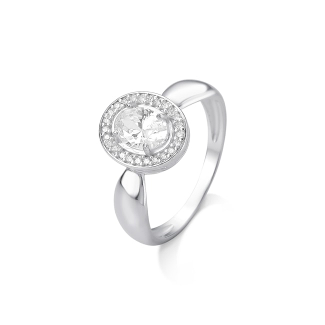 Anel Solitário com Zircônia Oval Cristal Cravejado em Volta