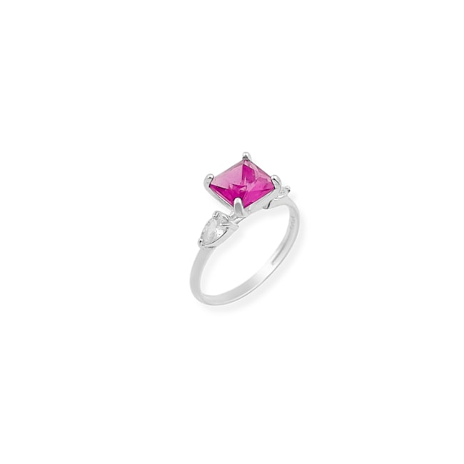 Anel Solitário com Zircônias Rubi Rose Quadrada e Cristal
