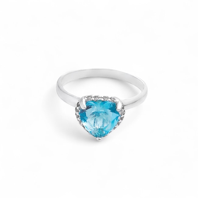Anel Solitário de Coração com Zircônia Água Marinha e Cristal Cravejado 