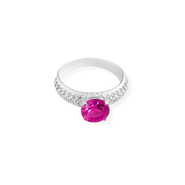 Anel Solitário de Rubi Rose com Aro Cravejado de Zircônias
