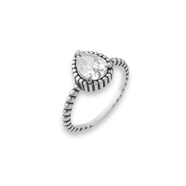 Anel Solitário Envelhecido com Gota de Zircônia Cristal 