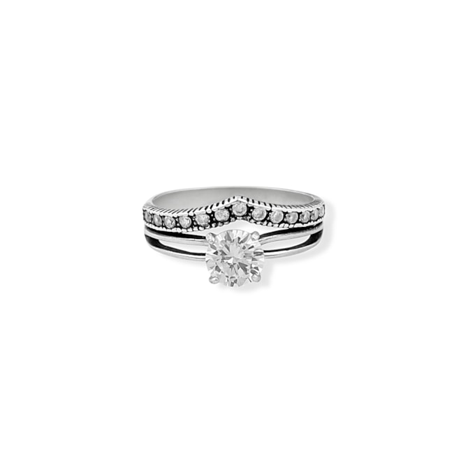 Anel Solitário Envelhecido com Zircônia e Aro em V