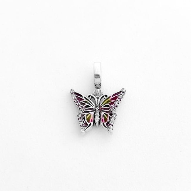  Berloque de Borboleta Colorida com Bordas Cravejadas de Zircônias