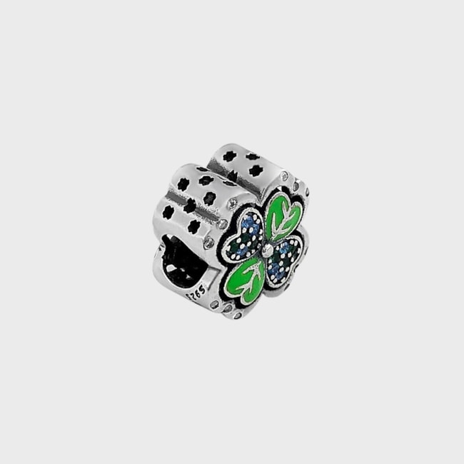 Berloque Trevo de Quatro Folhas Resinado com Zircônia Azul e Verde