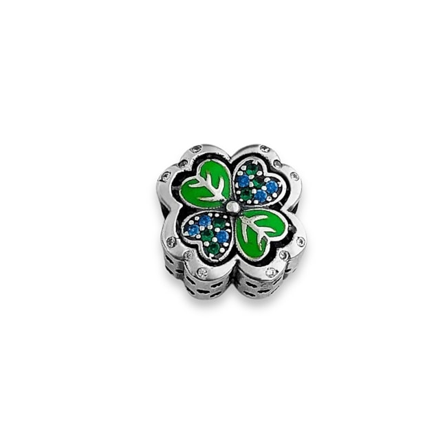 Berloque Trevo de Quatro Folhas Resinado com Zircônia Azul e Verde