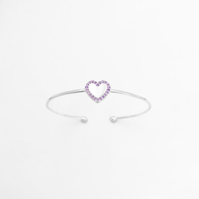 Bracelete com Coração Cravejado com Zircônias Lilás