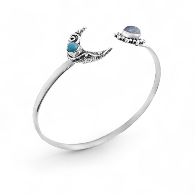 Bracelete com Pedra da Lua e Meia Lua com Pedra Larimar