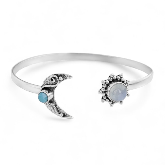 Bracelete com Pedra da Lua e Meia Lua com Pedra Larimar