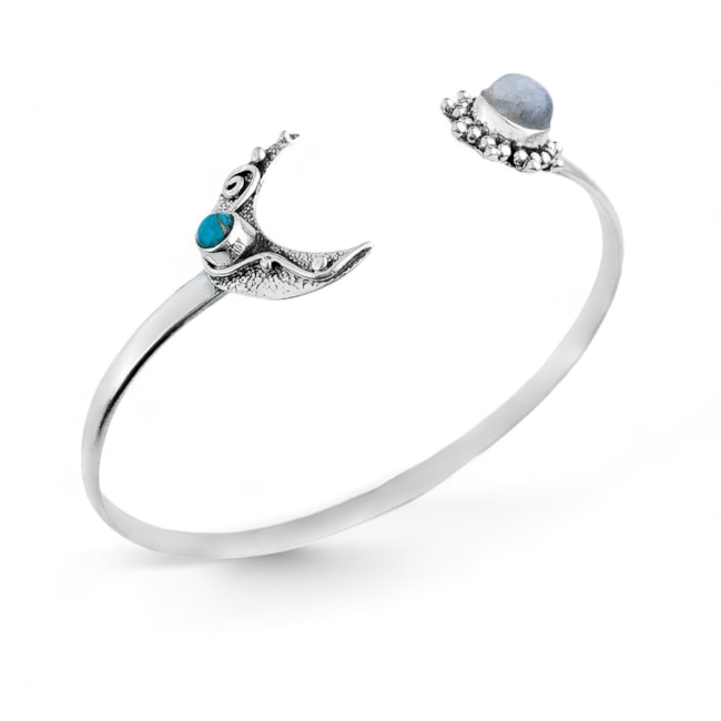 Bracelete com Pedra da Lua e Meia Lua com Pedra Turquesa