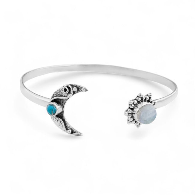 Bracelete com Pedra da Lua e Meia Lua com Pedra Turquesa