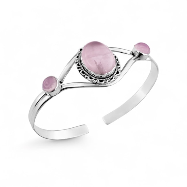 Bracelete de Pedra Oval Quartzo Rosa