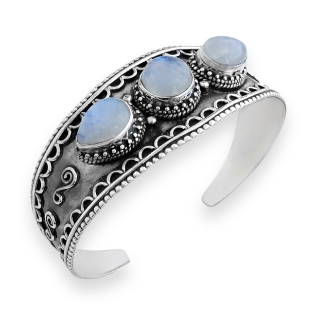Bracelete Envelhecido Boho com 3 Pedras da Lua Ajustável