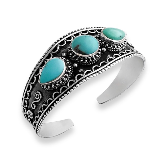 Bracelete Envelhecido Boho com 3 Pedras Turquesa Ajustável 