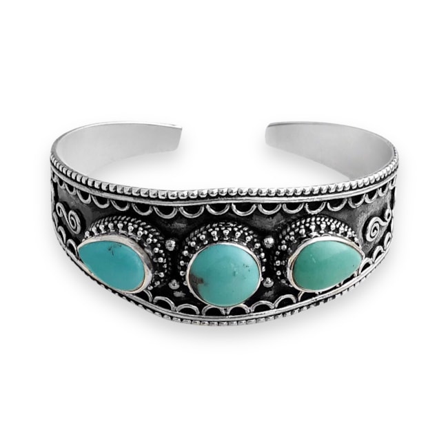 Bracelete Envelhecido Boho com 3 Pedras Turquesa Ajustável 