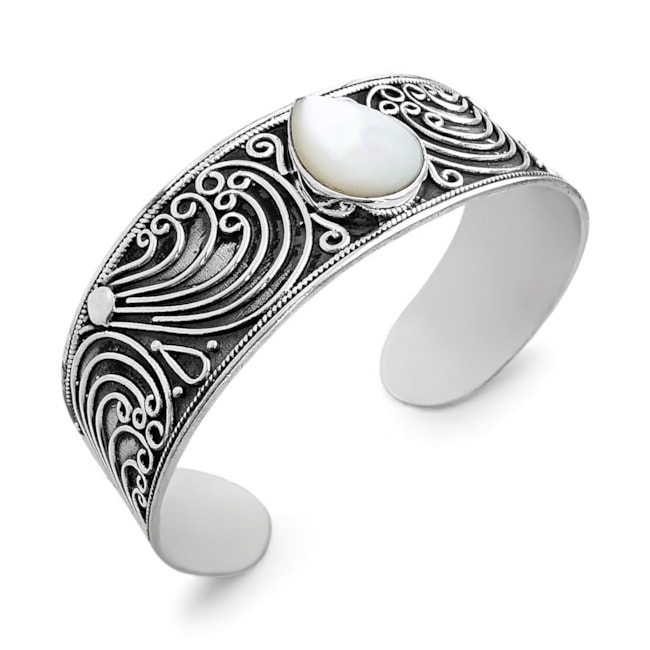 Bracelete Envelhecido Boho com Pedra Madrepérola em Formato de Gota e Detalhes em Arabescos Ajustável 