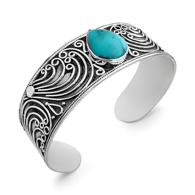 Bracelete Envelhecido Boho com Pedra Turquesa em Formato de Gota e Detalhes em Arabesco Ajustável 
