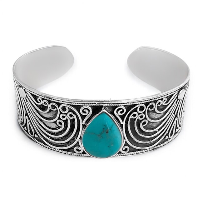 Bracelete Envelhecido Boho com Pedra Turquesa em Formato de Gota e Detalhes em Arabesco Ajustável 