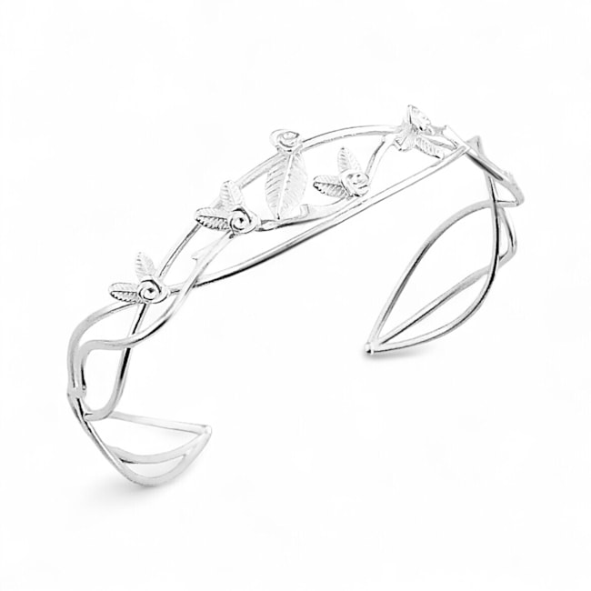 Bracelete Envelhecido Vazado com Folhas e Flores Ajustável 