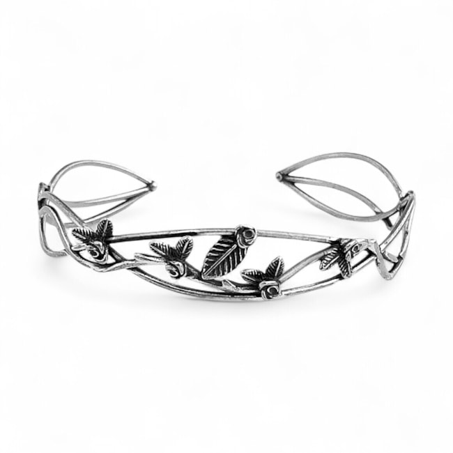 Bracelete Envelhecido Vazado com Folhas e Flores Ajustável 