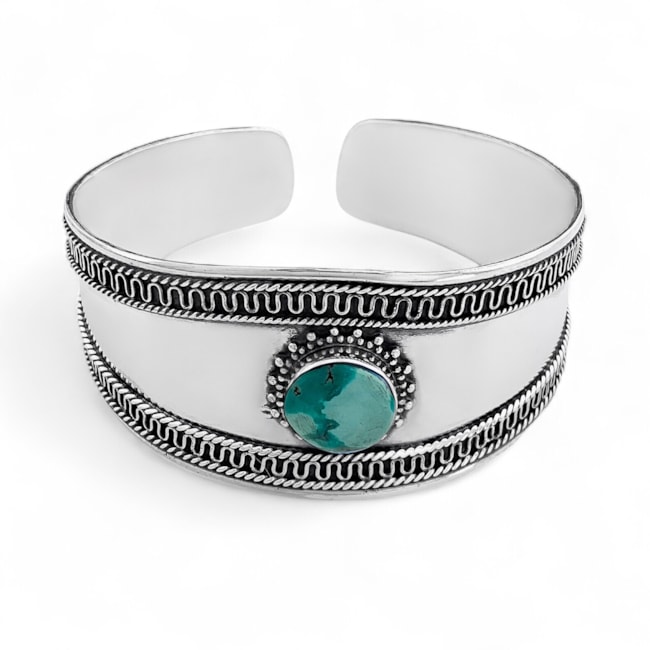 Bracelete Liso com Pedra Turquesa de Bordas Trabalhadas