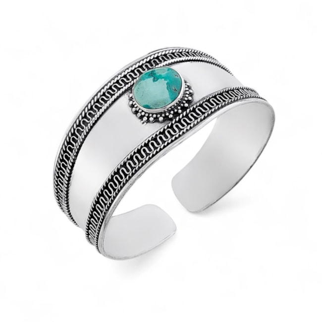 Bracelete Liso com Pedra Turquesa de Bordas Trabalhadas
