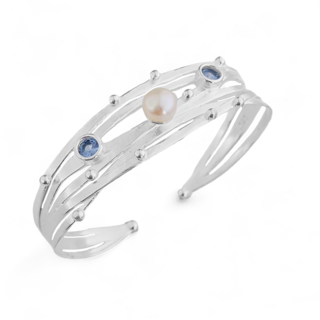 Bracelete Trabalhado com Madrepérola e Água Marinha