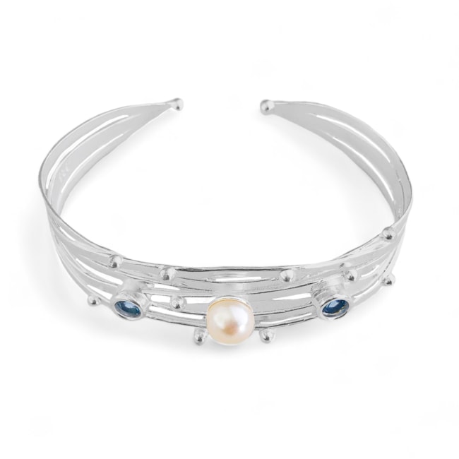 Bracelete Trabalhado com Madrepérola e Água Marinha