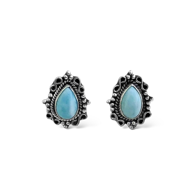 Brinco Boho Trabalhado com Pedra Larimar em Formato de Gota 