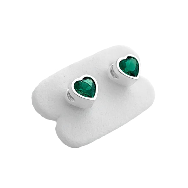 Brinco Branco Caixa Formato Coração com Zircônia Esmeralda