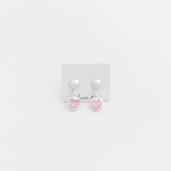 Brinco com Pingente de Coração e Zircônia Rosa