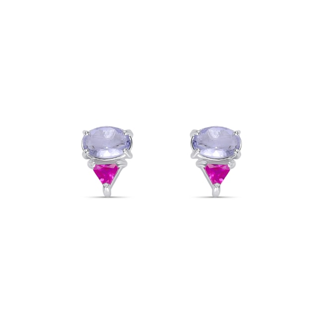 Brinco com Zircônia Oval Lilás e Triangular Rubi Rose 