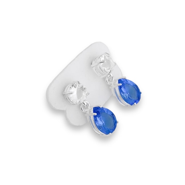 Brinco com Zircônia Redonda Branca e com Zircônia em Gota de Água Marinha