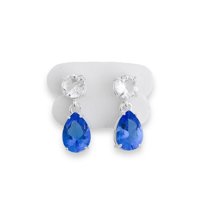 Brinco com Zircônia Redonda Branca e com Zircônia em Gota de Água Marinha