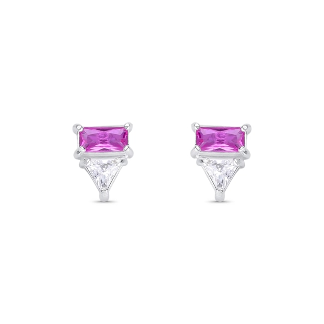Brinco com Zircônia Retangular Rubi Rose e Triangular Branca