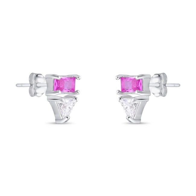 Brinco com Zircônia Retangular Rubi Rose e Triangular Branca