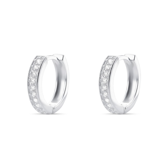 Brinco de Argola com a Frente Vazada, Cravejada com Zircônias e Lisa Atrás 