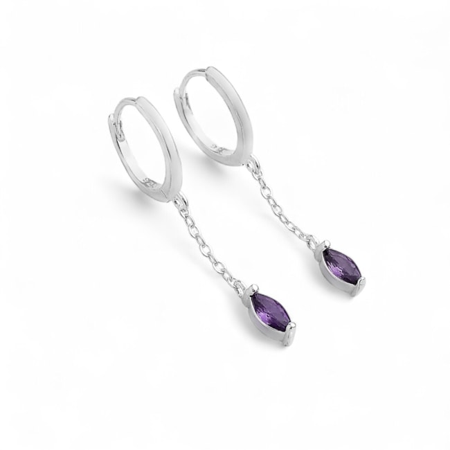 Brinco de Argola com Corrente e Zircônia Oval Roxa