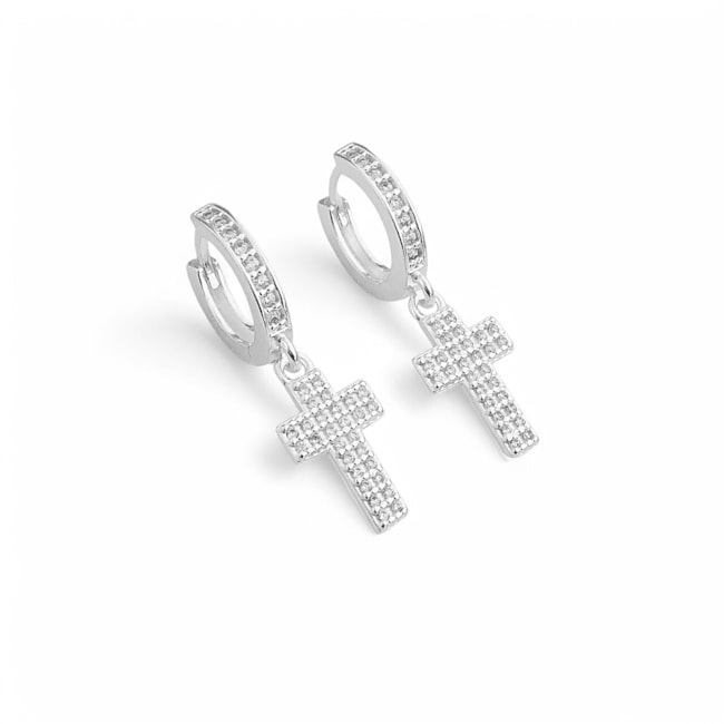 Brinco de Argola com Pingente de Cruz Cravejada de Zircônias 