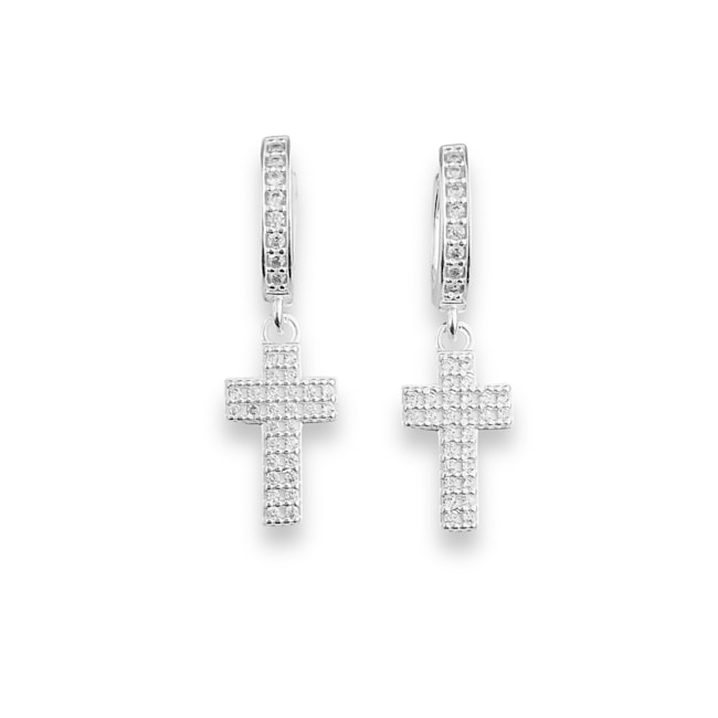 Brinco de Argola com Pingente de Cruz Cravejada de Zircônias 