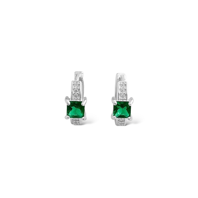 Brinco de Argola Cravejado com Zircônia e Esmeralda Quadrada de Clique 