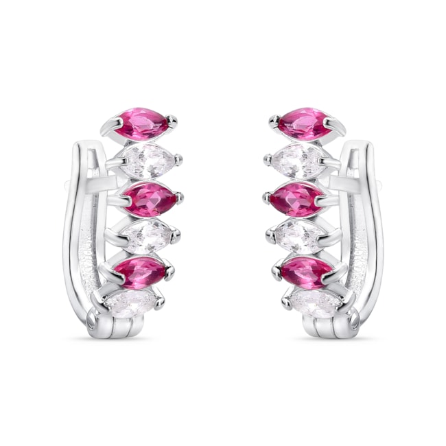 Brinco de Argola de Encaixe em U Cravejados em Zircônias Brancas e Rubi Rose