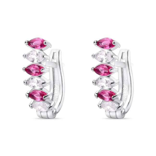 Brinco de Argola de Encaixe em U Cravejados em Zircônias Brancas e Rubi Rose