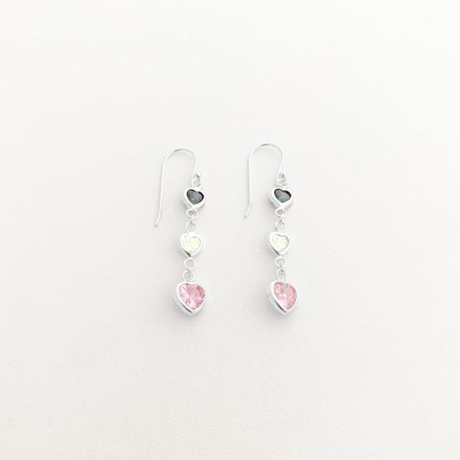 Brinco de Corações com Zircônias Topázio Místico, Branca e Rosa