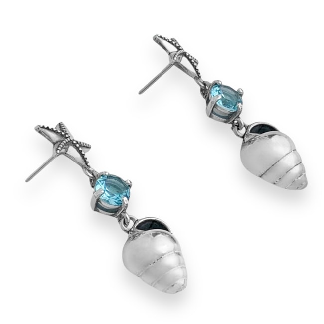 Brinco de Estrela Concha e Zircônia em Água Marinha